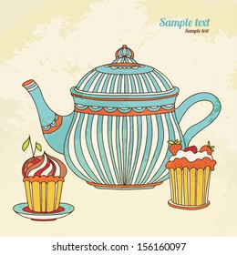 Vintage background with cakes and teapot - vector
