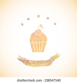 Vintage background with cherry cupcake. Watercolor paint. Holiday theme. Can be used for card, invitation or some text.