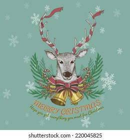 Vintage background with christmas santa reindeer. Hand-drawn card. 