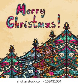 Vintage background with christmas trees and text Merry Christmas - vector