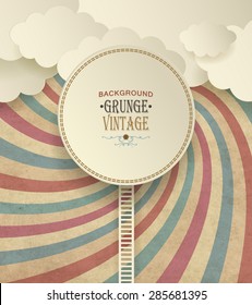 Vintage Background With Clouds And Colorful Striped Radiate Pattern