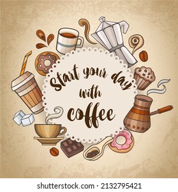 Vintage background with coffee and sweets. Vector illustration