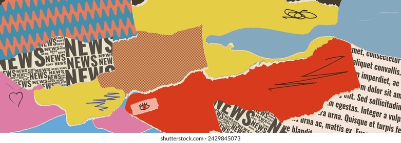 Vintage background, collage of pieces of colored torn paper and newspapers for social networks, websites in the nostalgic style of the 90s. Vector illustration.