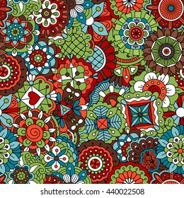 Vintage background colored red  green and brown with geometric flowers and other patterns