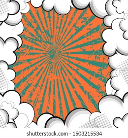 Vintage background in comic style. Pin-up base with elements of aging. Green rays diverging from the center against an orange background framed by clouds. Vector illustration