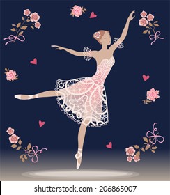 Vintage background with dancing ballerina and bouquets of roses. Vector design.