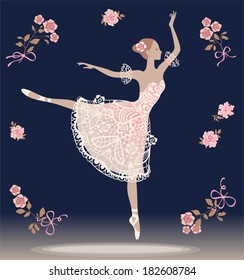 Vintage background with dancing ballerina. Vector design.