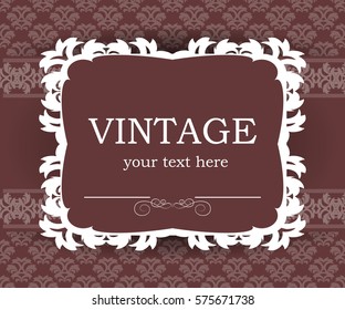Vintage background with decorative frame. Elegant design element template with place for your text. Floral border. Lace decoration for birthday greeting card, wedding invitation.