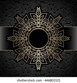 Vintage background, decorative round frame, linear circle ornament, vector gold label template