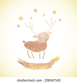 Vintage background with deer and stars. Watercolor paint. Holiday theme. Can be used for card, invitation or some text.