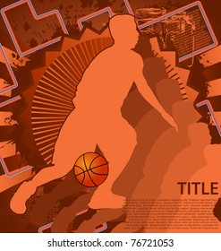 Vintage background design with basketball player silhouette. Vector illustration.