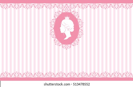 Vintage background design. Beautiful woman face silhouette in profile. Cute vintage frame with ladies silhouette. On linear pink background