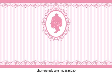 Vintage background design. Beautiful woman face in profile. Cute vintage frame with ladies silhouette. On linear pink background. Vector illustration.