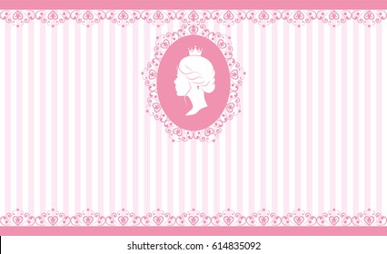 Vintage background design. Beautiful woman face in profile. Cute vintage frame with ladies silhouette. On linear pink background. Vector illustration.