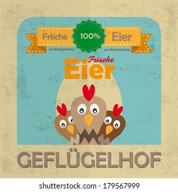 Vintage background design with brown colors. German text "GeflÃ?Â¼gelhof" and "Frische Eier", translate "Bird Farm" and "Fresh Eggs"German Eps 10 vector file.