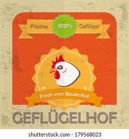 Vintage background design with brown colors. German text "GeflÃ?Â¼gelhof" and "Frisches GeflÃ?Â¼gel", translate "Bird Farm" and "Fresh Poultry". Eps 10 vector file.