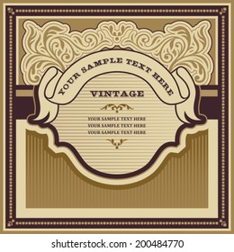 Vintage background design, ornamental label, curly elegant banner, hipster style retro card, artistic frame, elegant book cover, template and layout for design