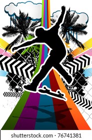 Vintage background design with skateboarder silhouette. Vector illustration.