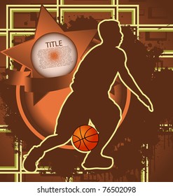 Vintage background design with star frame and basketball player silhouette. Vector illustration.