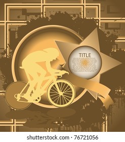 Vintage background design with star frame and cyclist silhouette. Vector illustration.