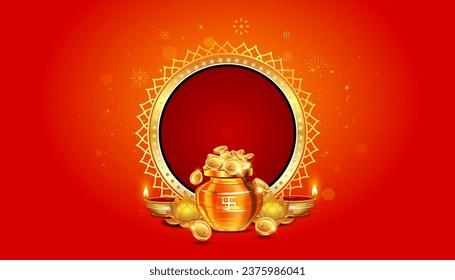 Vintage background of Dhanteras puja festival. Pot of golden coins, money and frame with Diwali candles.