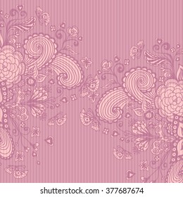 Vintage background with doodle flowers   butterflies   hearts   on pink lilac advertising or decoration different things or for package or for Post Card