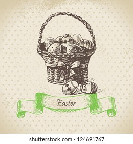 Vintage background with Easter bascket. Hand drawn illustration