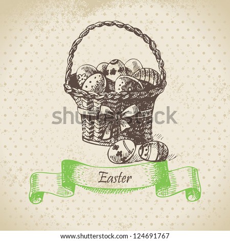 Vintage background with Easter bascket. Hand drawn illustration