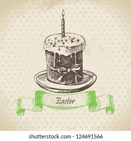 Vintage background with Easter cake. Hand drawn illustration