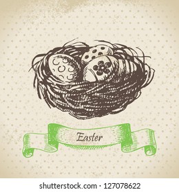 Vintage background with Easter eggs and nest. Hand drawn illustration