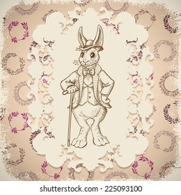 Vintage background with Easter rabbit. Hand drawn illustration. Rabbit in the English suit on a background of floral ornament. Bunny in clothes. 