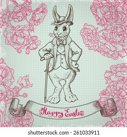 Vintage background with Easter rabbit. Hand drawn illustration. Rabbit in the English suit on a background of floral ornament. Bunny in clothes. 