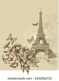 Vintage background with Eiffel Tower and blooming phlox. Hand drawing, vector illustration