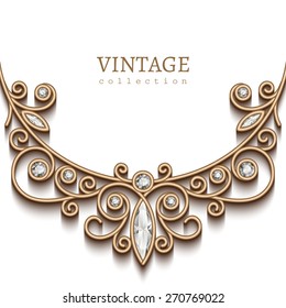 Vintage background with elegant gold vignette on white background, jewellery decoration, filigree diamond necklace, vector greeting card on invitation template, eps10