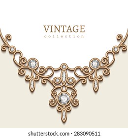 Vintage background with elegant gold vignette on white background, jewellery decoration, filigree diamond necklace, vector greeting card on invitation template, eps10
