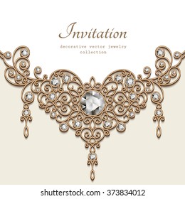 Vintage background with elegant jewelry gold decoration on white background, filigree diamond jewellery necklace, vector greeting card or invitation template, eps10