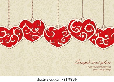 Vintage background with elegant  red hearts and seamless background