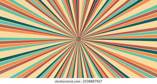 Vintage background featuring sun rays pattern with retro color scheme, vector illustration.