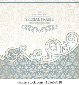 Vintage background with floral border and damask pattern