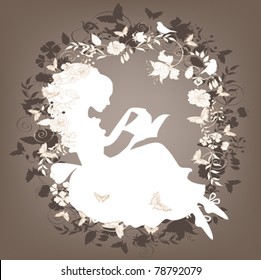 Vintage background with flowers, bird and girl reading book silhouette.