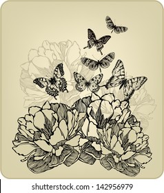 Vintage background with flowers and flying butterflies, hand-drawing. Vector illustration.