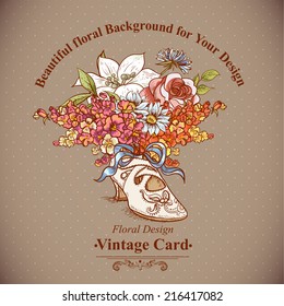 Vintage Background with Flowers and Shoes in Victorian Style Template Floral Greeting Card