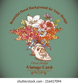 Vintage Background with Flowers and Shoes in Victorian Style Template Floral Greeting Card