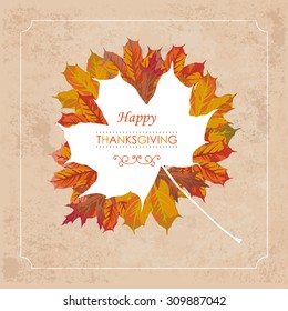Vintage background with foliage, frame and text Happy Thanksgiving Eps 10 vector file.