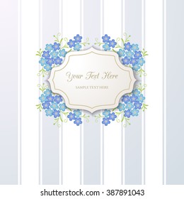 Vintage background with forget-me-not flowers and cutout figure frame. Floral decoration on striped background. Template for your design. Vector EPS 10