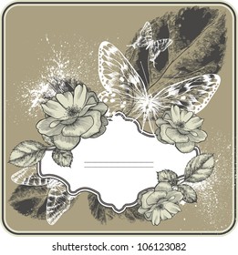 Vintage background with frame, blossoming with roses and butterflies. Hand drawing vector.