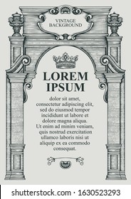 Vintage background or frame for a certificate or diploma in the form of a classic building facade. Vector illustration with a detailed drawing of an ancient architectural structure