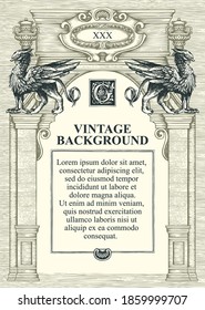 Vintage background or frame for a certificate or diploma in the form of a classical building facade. Vector illustration with a detailed hand-drawn ancient arch decorated with statues of griffins