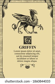 Vintage background frame for certificate diploma and Griffin   text lorem ipsum  Vector illustration and hand  drawn mythical animal and body lion  bird wings   head an eagle