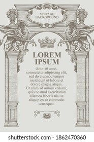 Antecedentes o marco vintage para un certificado o diploma en forma de fachada clásica de construcción. Ilustración vectorial con un antiguo arco de dibujo a mano decorado con estatuas de ataúdes y corona